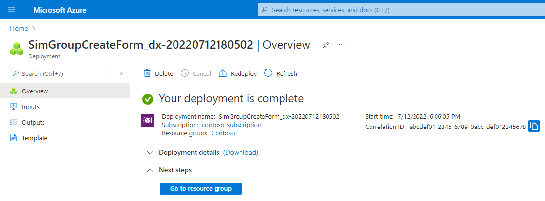 Screenshot of the Azure portal. It shows confirmation of the successful creation of a SIM group.