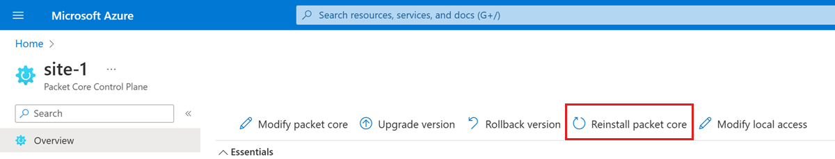 Azure 门户的屏幕截图，其中显示“重新安装封包核心”选项。