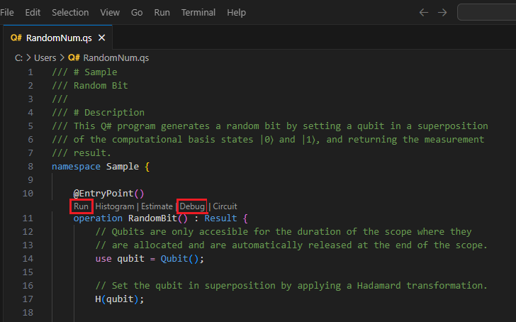 Visual Studio Code中的 Q# 文件的屏幕截图，其中显示了使用 run 和 debug 命令在何处查找代码镜头。