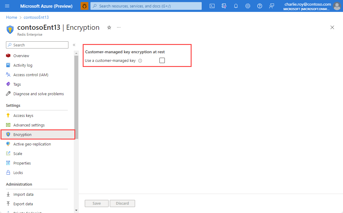 Azure托管 Redis 缓存实例的“资源”菜单中选择的“加密”选项的屏幕截图。