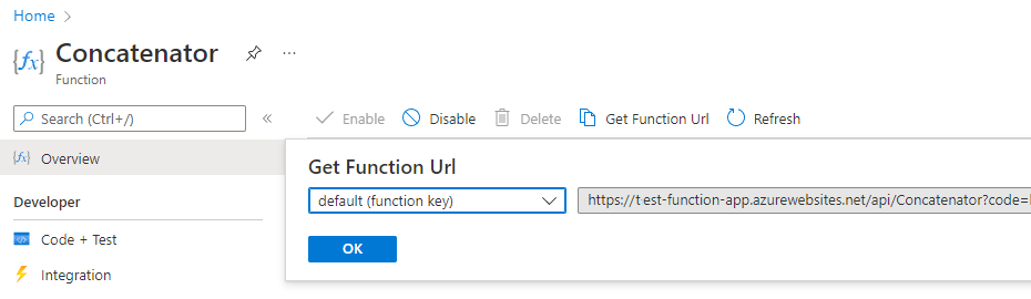 Azure 门户中“获取函数 URL”命令的屏幕截图。