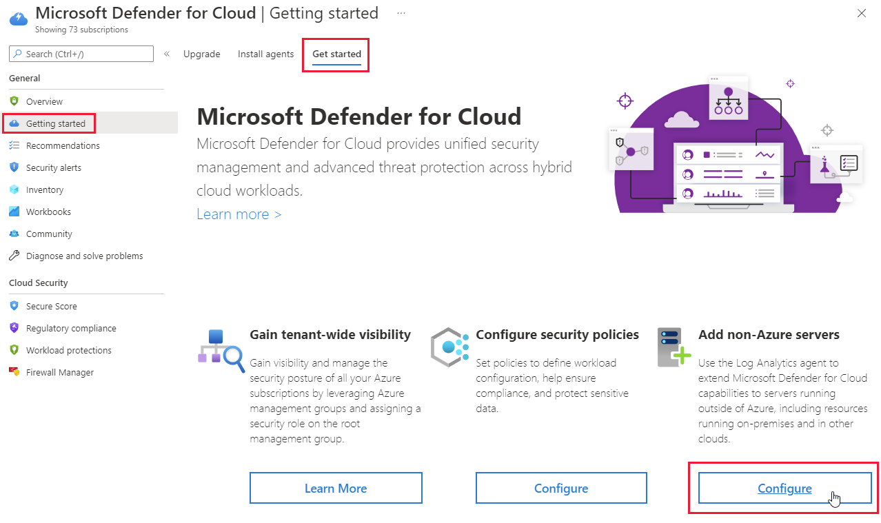 开始使用 Defender for Cloud 并添加本地服务器的选项卡的屏幕截图。