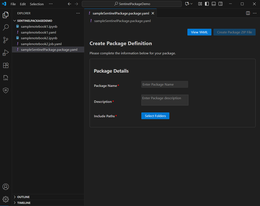 Visual Studio Code中“创建包定义”对话框的屏幕截图，其中显示了包名称、说明和包含路径的字段。