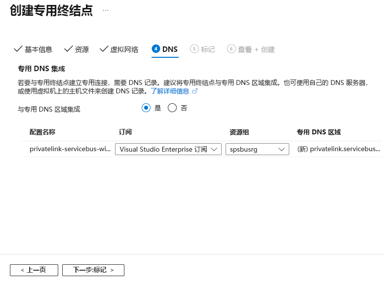 该屏幕截图显示了创建专用终结点向导的“DNS”页。