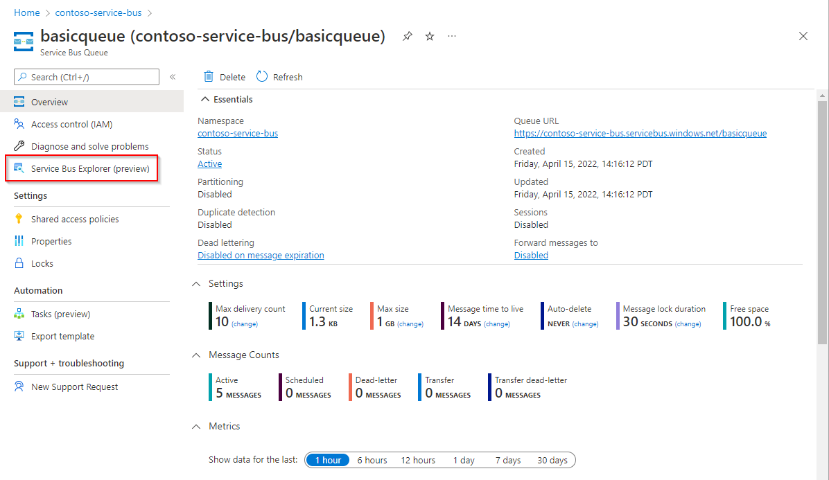 Screenshot of queue page where Service Bus Explorer can be selected.