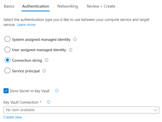 Azure 门户的屏幕截图，其中显示了使用连接字符串进行身份验证的基本身份验证配置。