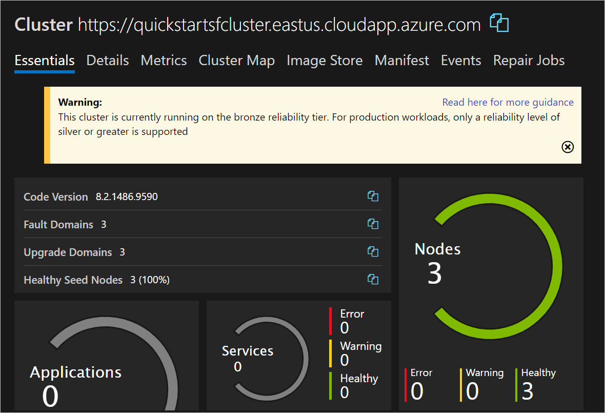 Screenshot of your managed cluster's page in the Service Fabric Explorer, PNG.