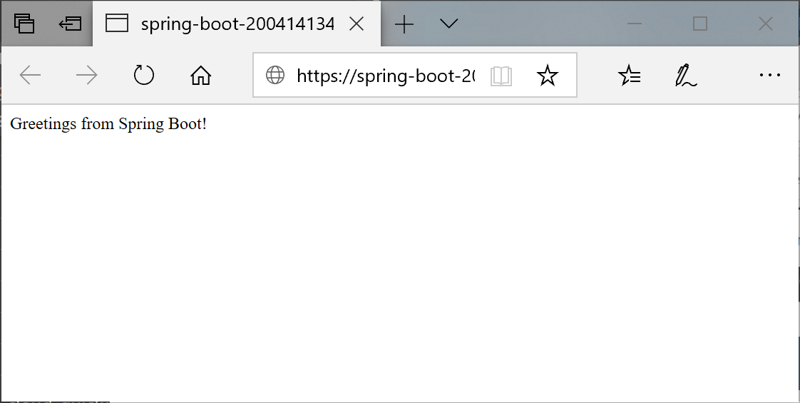 Screenshot of the app running in a browser displaying the message Greetings from Spring Boot.