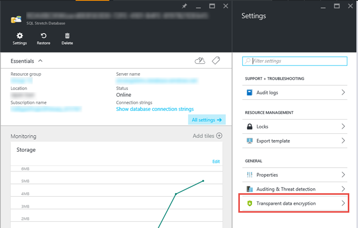 Screenshot of the Azure portal, with the Settings blade visible. In the General section, Transparent data encryption is highlighted.