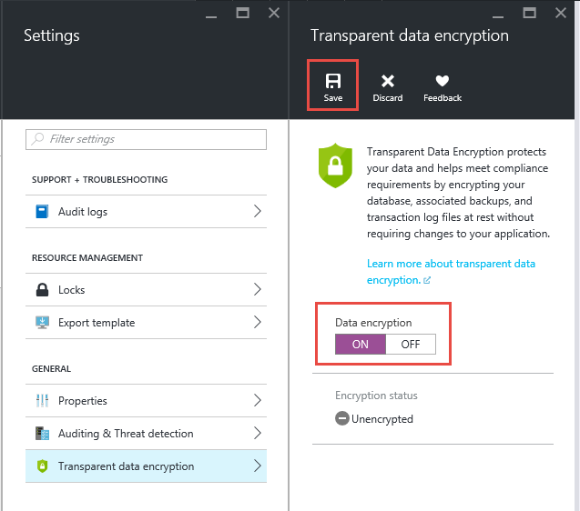 Screenshot of the Azure portal, with the Transparent data encryption blade visible. Data encryption is turned on, and the Save button is highlighted.