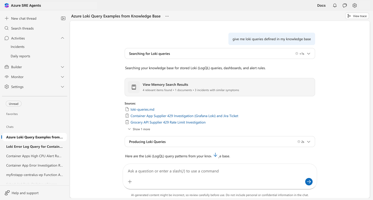 显示知识库源的代理响应。