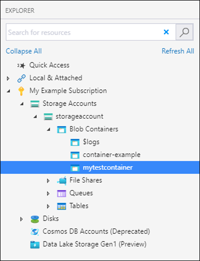 显示如何在 Microsoft Azure 存储资源管理器中创建容器的屏幕截图