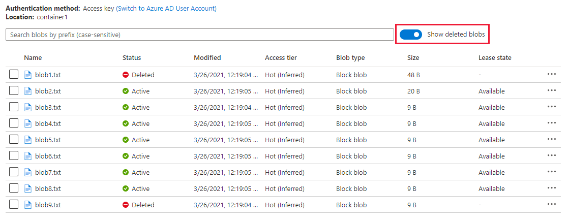 显示如何在 Azure 门户中列出软删除的 Blob 的屏幕截图