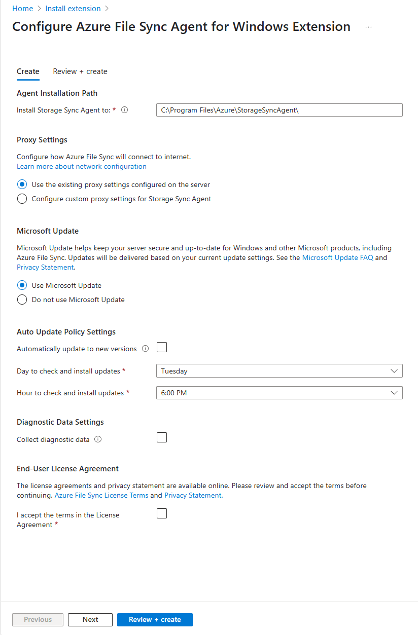 显示如何为 Windows 配置 Azure 文件同步代理扩展的屏幕截图