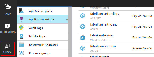 SCreenshot of the Azure portal, choose Browse, Application Insights, your application.