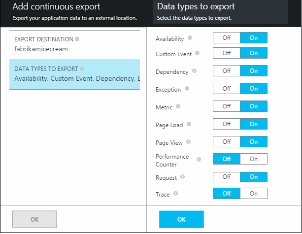 Screenshot of add continuous export then choose event types.