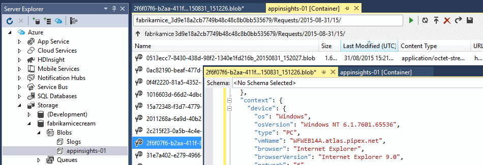 Screenshot of Visual Studio, open Server Browser, Azure, Storage.