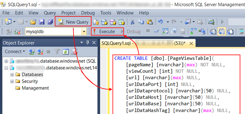 Screenshot of create PageViewsTable in SQL Server Management Studio.