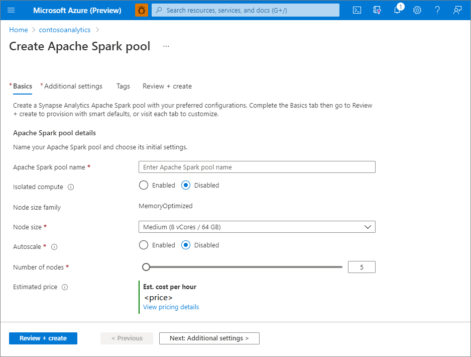 Screenshot from the Azure portal of the Apache Spark pool create flow - basics tab.