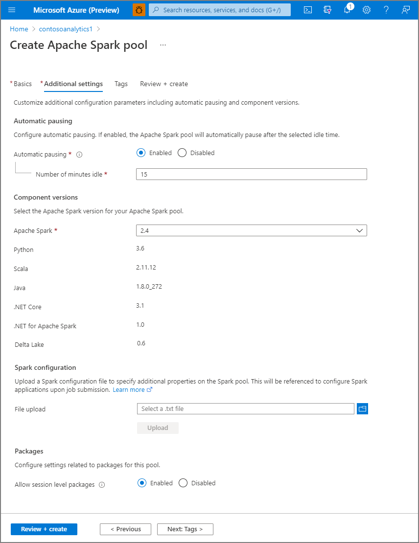 Screenshot from the Azure portal that shows the 'Create Apache Spark pool' page with the 'Additional settings' tab selected.