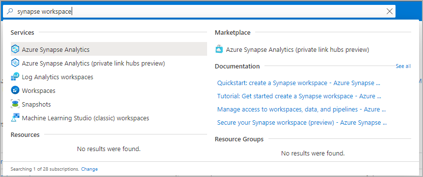 Azure portal search bar with Synapse workspaces typed in.
