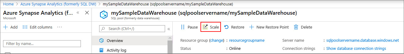 Azure 门户的屏幕截图，其中显示了专用 SQL 池（旧称为 SQL DW）的概述页面上的“缩放”按钮。