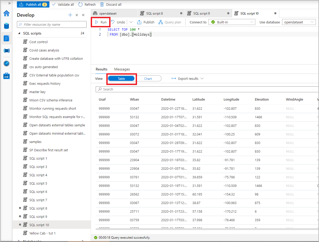 屏幕截图显示用于运行 SQL 脚本的按钮和列出结果的表。