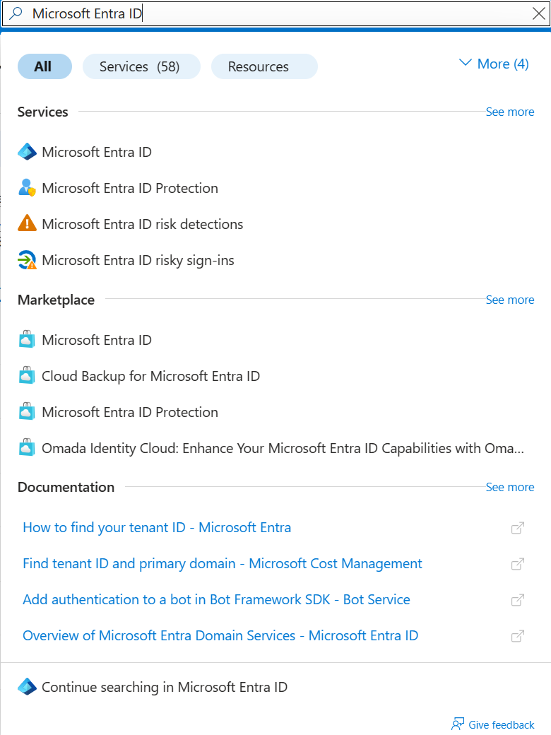 Azure 门户中“Microsoft Entra ID”搜索结果的屏幕截图。“服务”下的搜索结果突出显示。