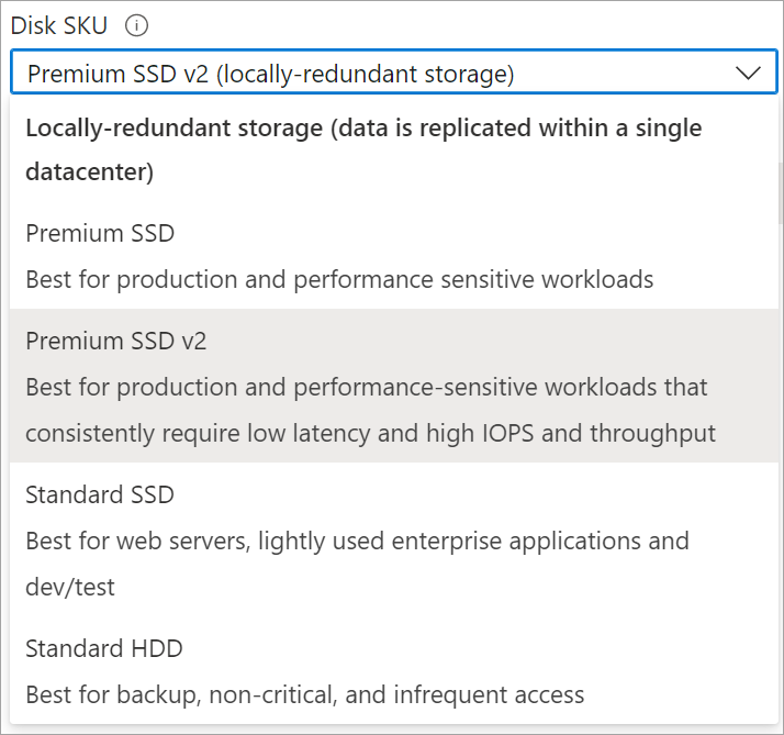 显示选择“高级 SSD v2 SKU”的屏幕截图。