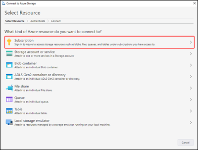 Azure 存储资源管理器的屏幕截图，其中突出显示了“订阅”选项的位置。