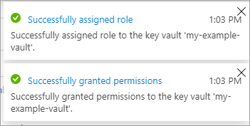 Key Vault 的成功权限和角色分配的屏幕截图。