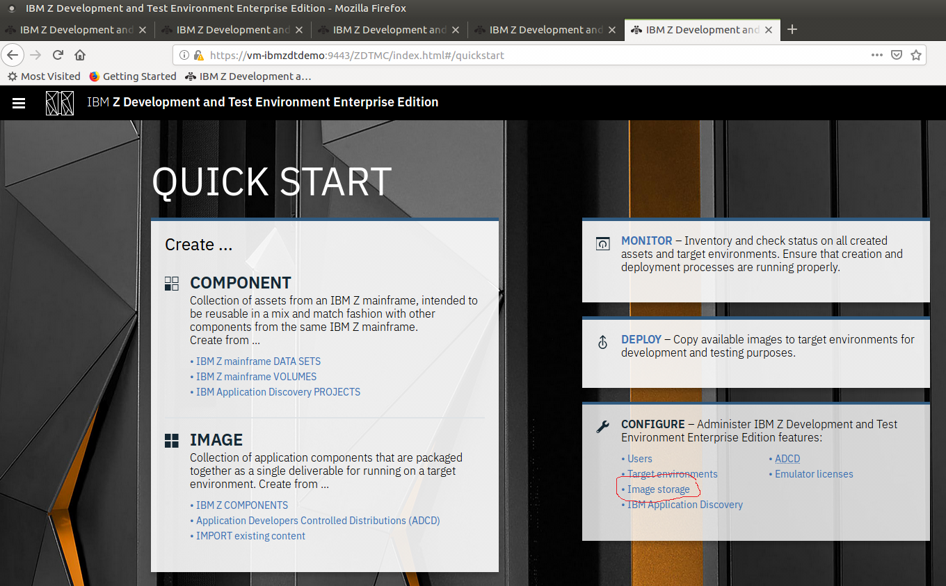IBM zD&T Enterprise Edition 的“Quick Start”(快速开始)屏幕