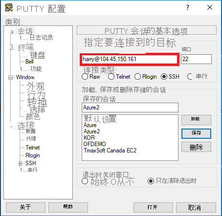 屏幕截图显示了“PuTTY 配置”对话框，其中突出显示了“主机名(或 IP 地址)”字段。