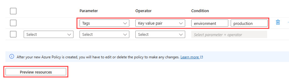 Screenshot of Create Azure Policy window setting tag with key value pair.
