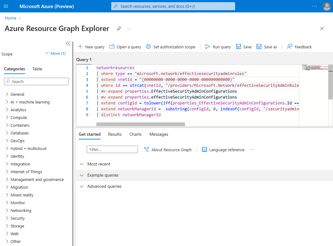 Azure Resource Graph 编辑器的屏幕截图，其中显示了 Kusto 中的虚拟网络管理器查询示例。