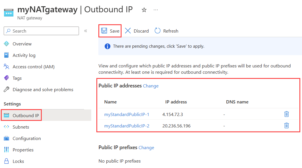 NAT 网关“出站 IP 配置”页的屏幕截图，其中显示了添加的公共 IP 地址。