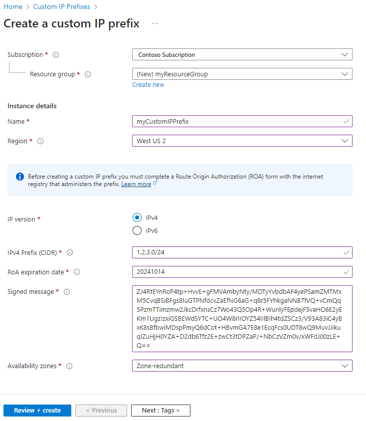 Screenshot of create custom IP prefix page in Azure portal.