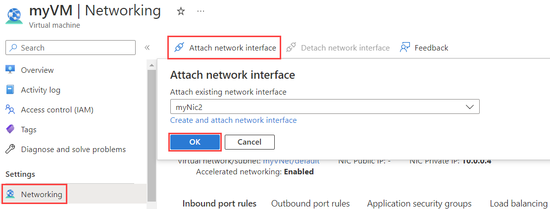 在 Azure 门户中将网络接口附加到虚拟机的屏幕截图。