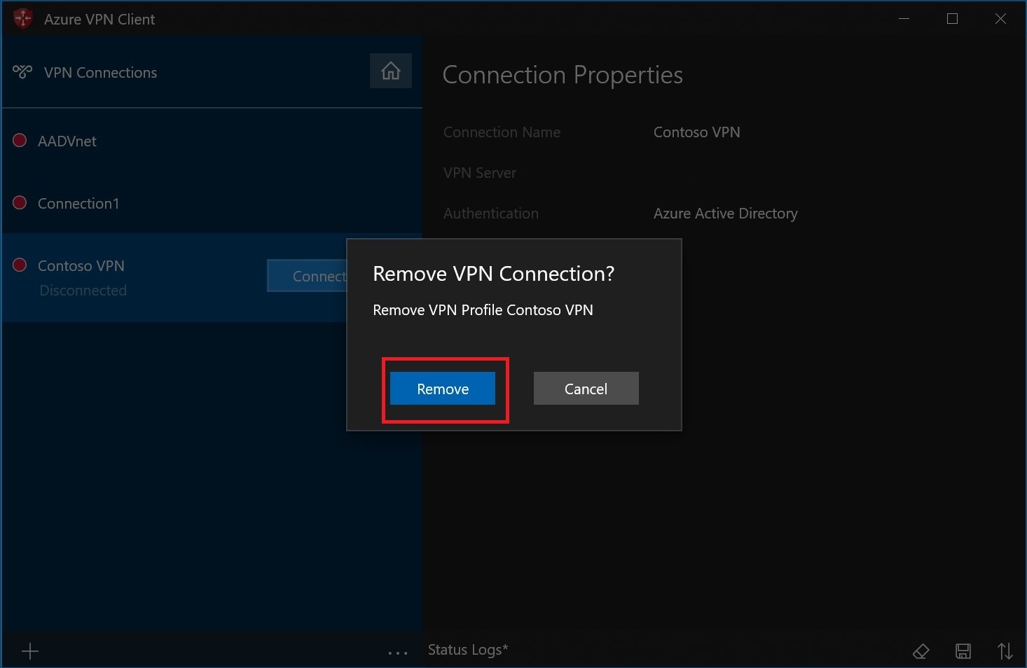 屏幕截图显示了确认对话框,其中包含“删除”或“取消”选项。