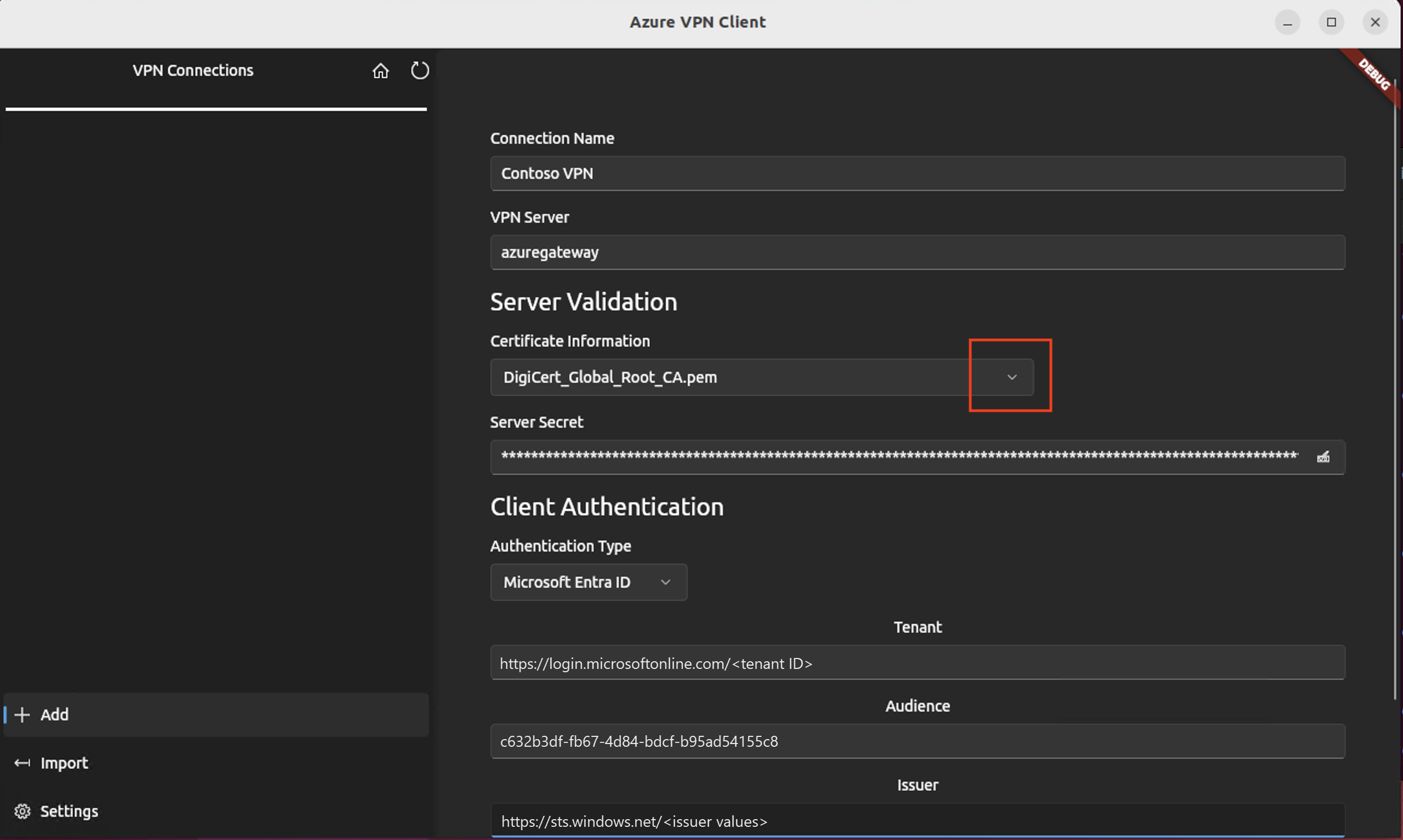 “服务器验证”和“客户端身份验证”字段的屏幕截图。