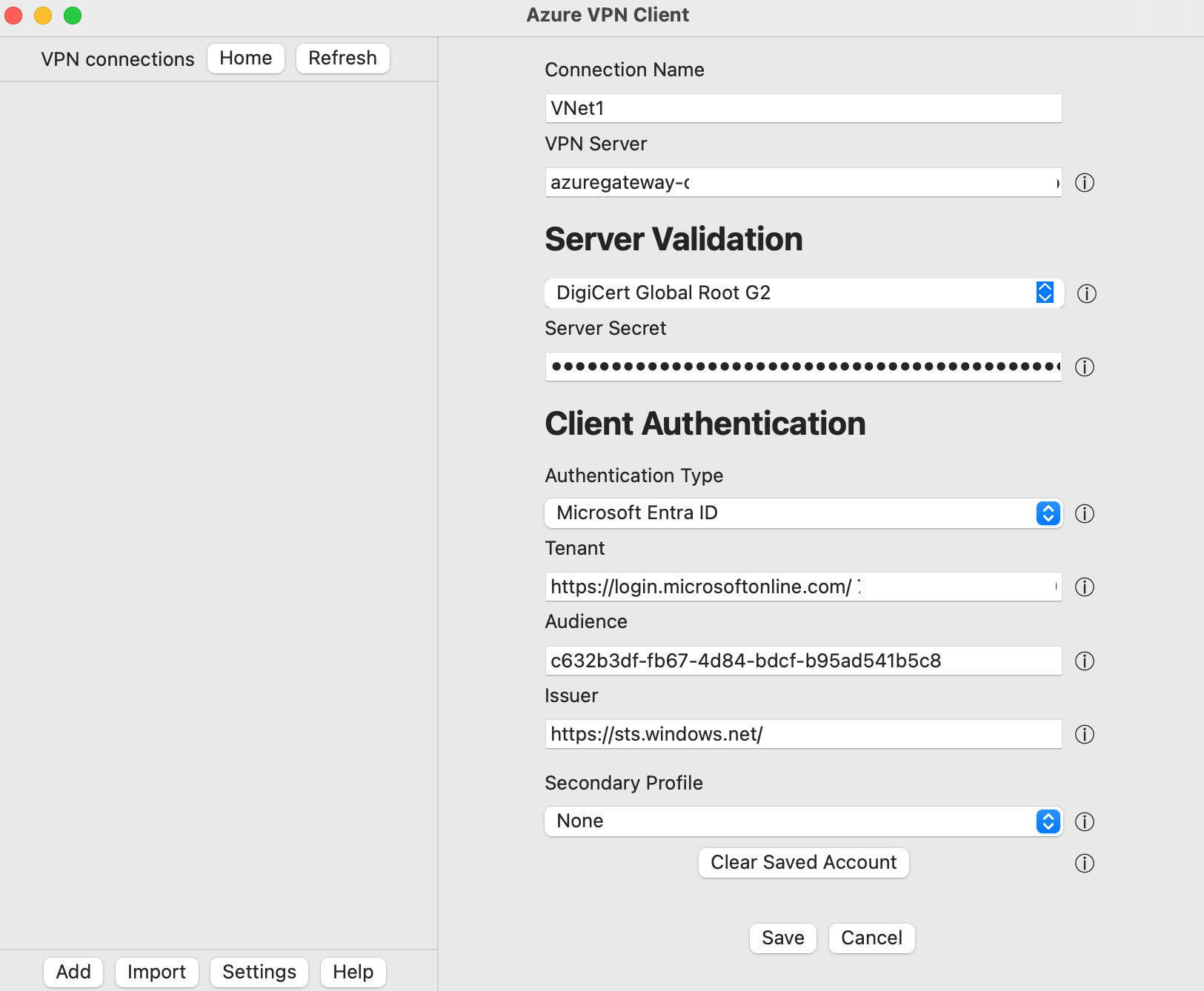 将要保存导入的配置文件设置的 Azure VPN 客户端的屏幕截图。