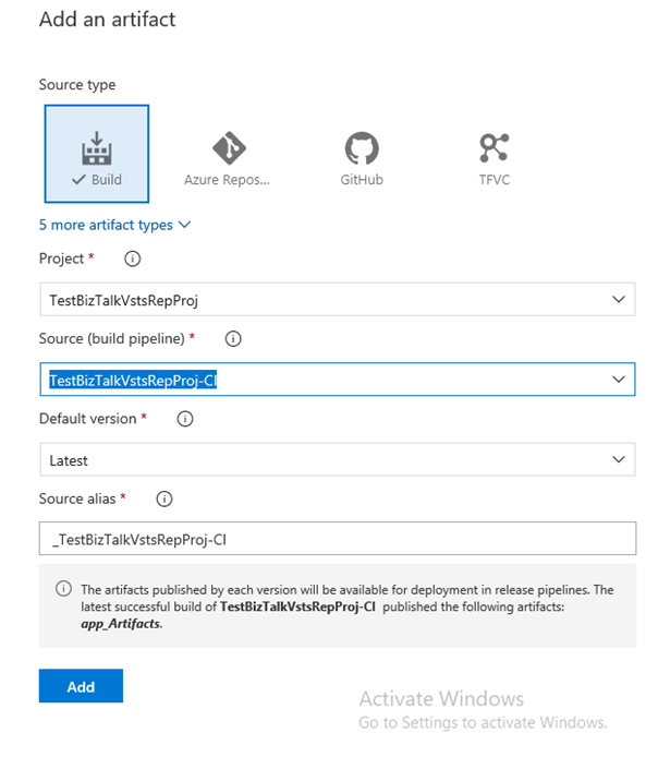 将工件添加到管道中，并在 Visual Studio BizTalk Server 项目中为 Azure DevOps 选择项目和生成定义。