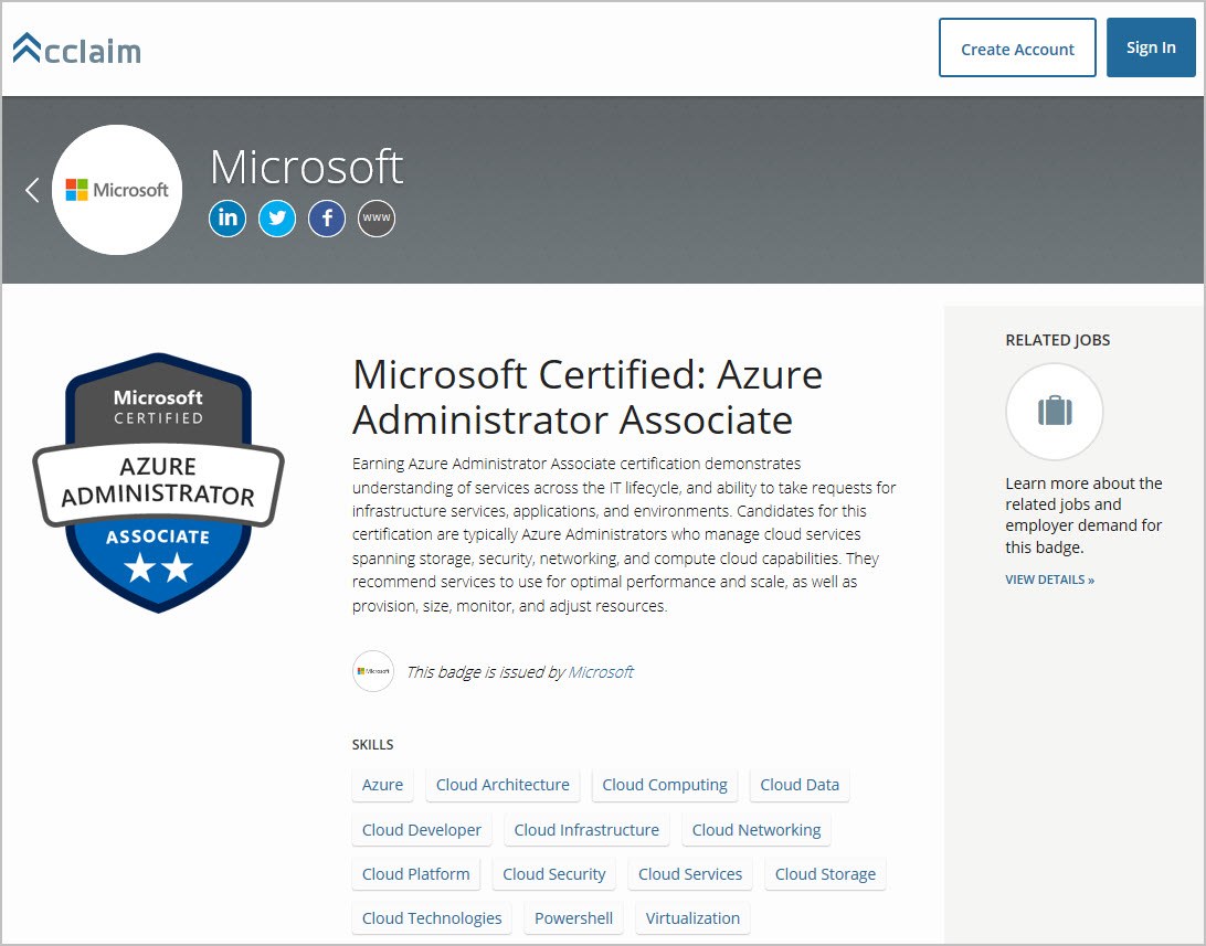 Image of certificate for Azure Administrator Associate.
