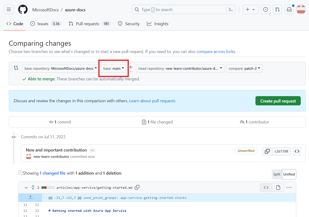 Screenshot of the Comparing changes screen in GitHub.