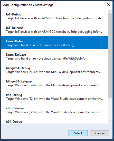 Add Configuration to CMake Settings dialog list of predefined configurations.