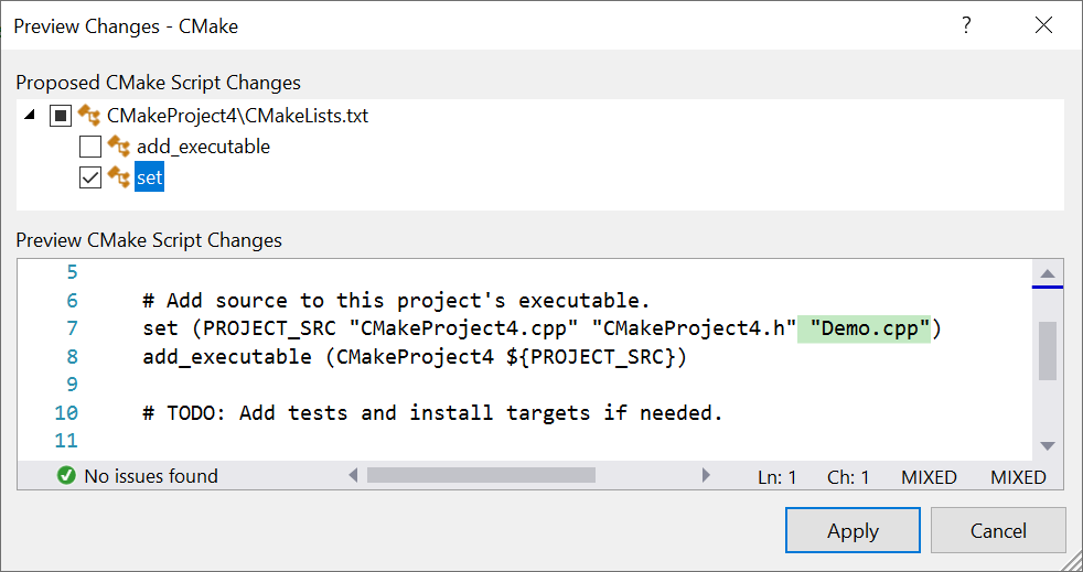 Visual Studio 中“预览版更改”对话框的屏幕截图。