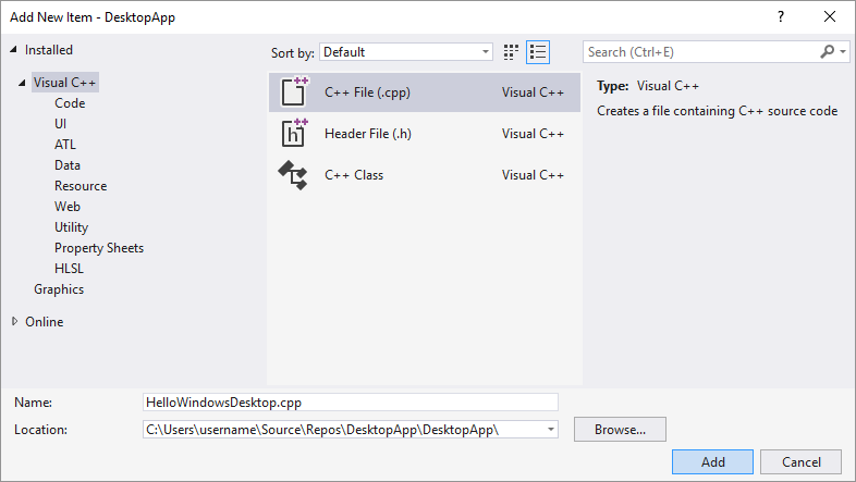 Visual Studio 2019 中“添加新项”对话框的屏幕截图。选中了 C 加号加“文件”（.cpp）选项。名称字段设置为 Hello Windows Desktop.cpp。