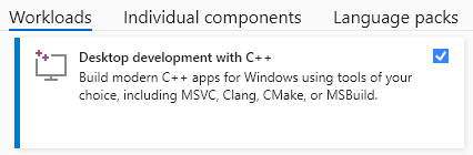  Visual Studio Installer 的Screenshot，其中选择了“工作负载”选项卡，并选择了“桌面开发”，其中选择了“C++”.