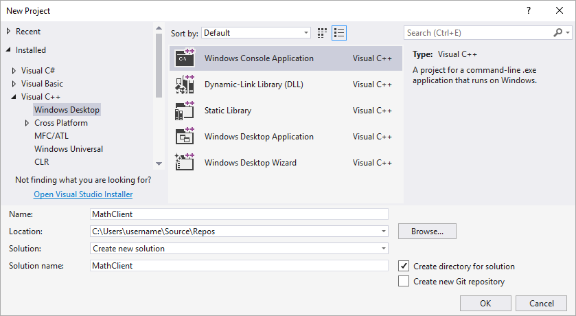 “新建项目”对话框的屏幕截图，其中已选中“已安装”>“Visual C++”>“Windows 桌面”，突出显示了 Windows 控制台应用程序，并且在“名称”文本框中键入了数学客户端。
