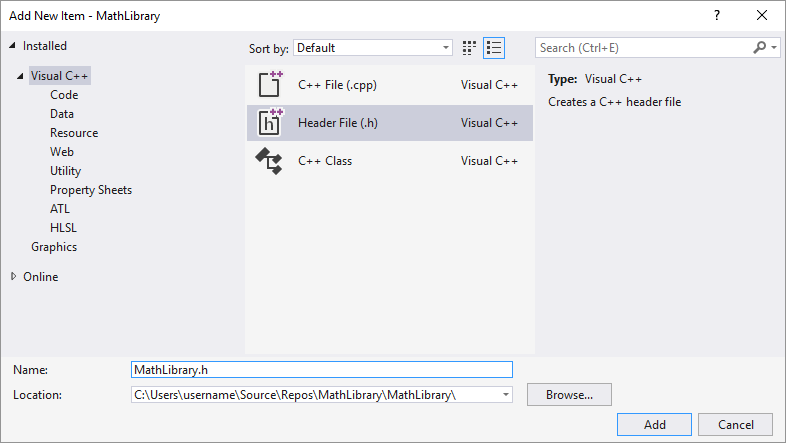 “添加新项”对话框的屏幕截图，其中选择了 C++ 头文件模板，并且在“名称”文本框中输入了 MathLibrary.h。
